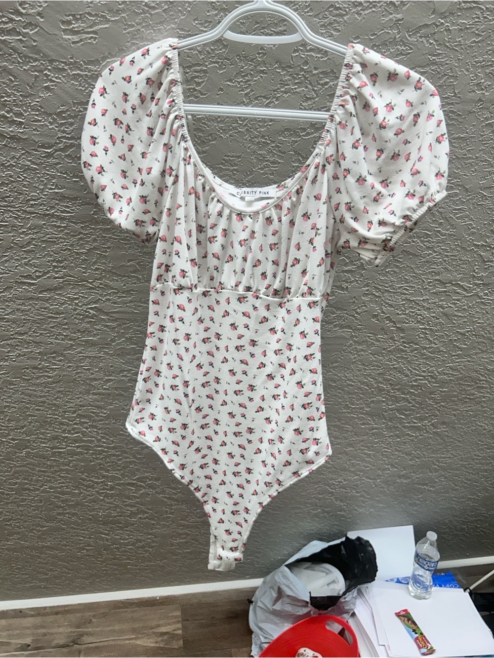 Celebrity Pink white One-Piece with Pink Floral Print and Puff Sleeves